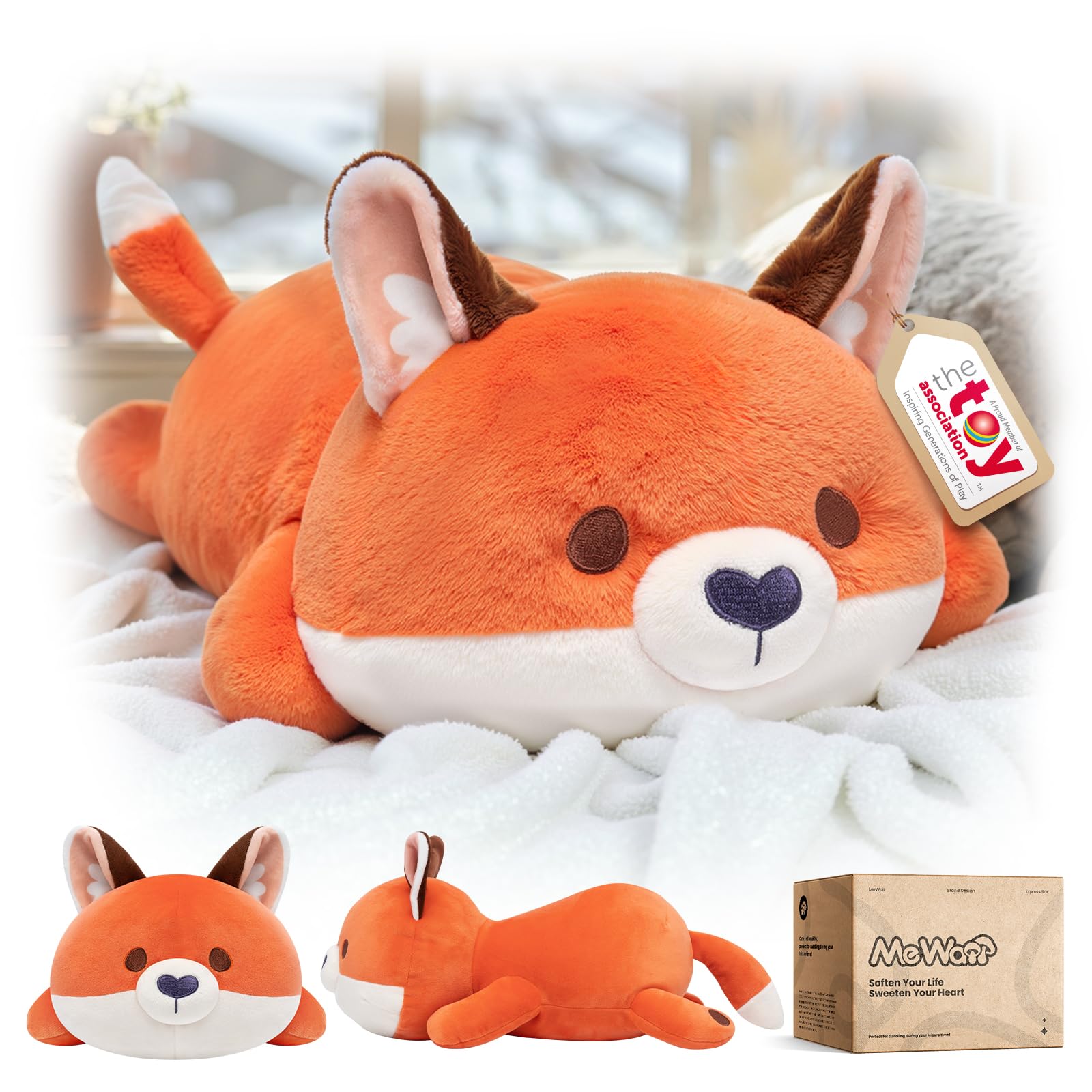 Mewaii Cute Fox Plush Pillow, Kawaii Plushies Red Fox Stuffed Animals, Squishy Plushies, Cuddle Foxes Plush Pillow for Kids & Girls