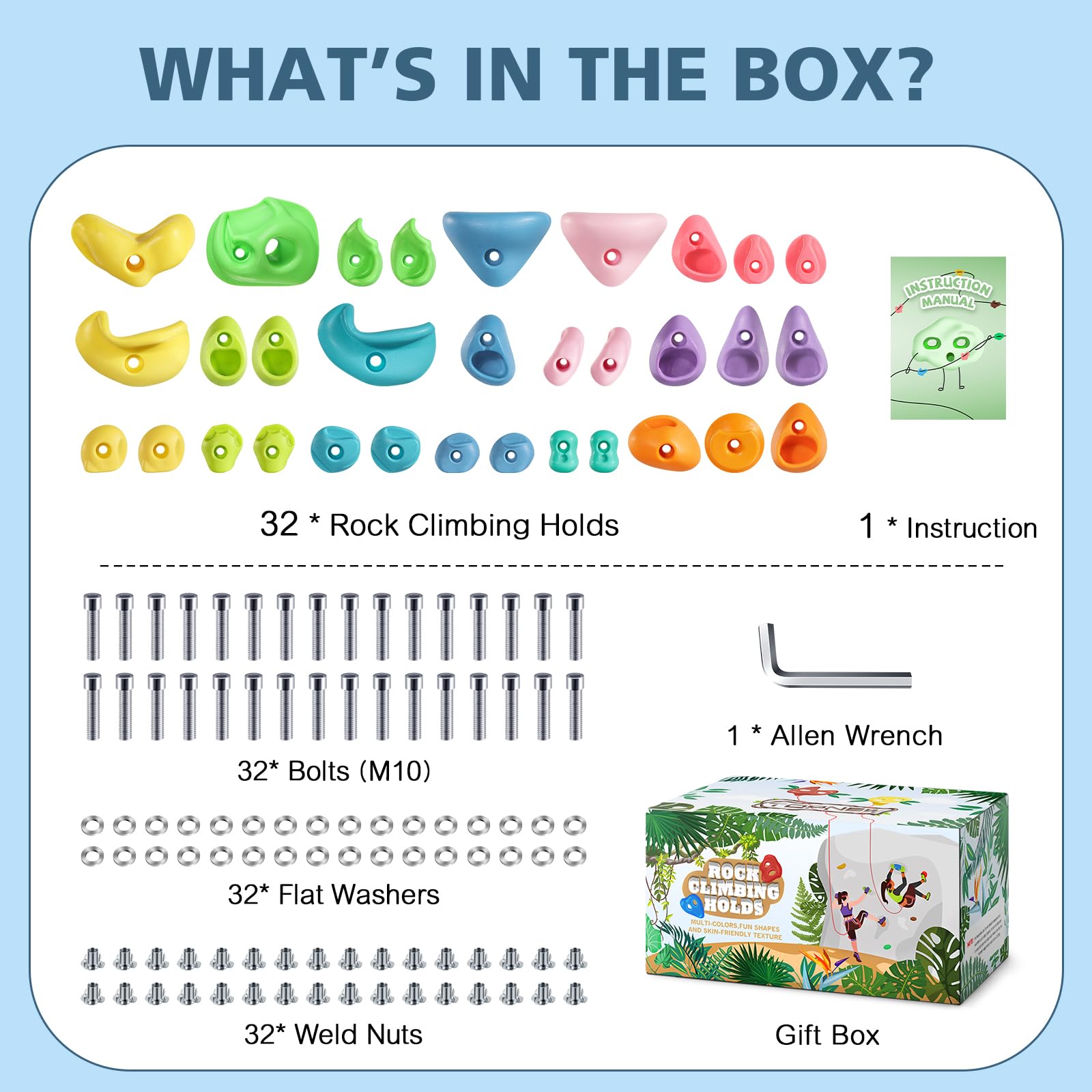 TOPNEW 32 Rock Climbing Holds Multi Size for Kids, Adult Rock Wall Holds Climbing Rock Wall Grips for Indoor and Outdoor Playground Play Set