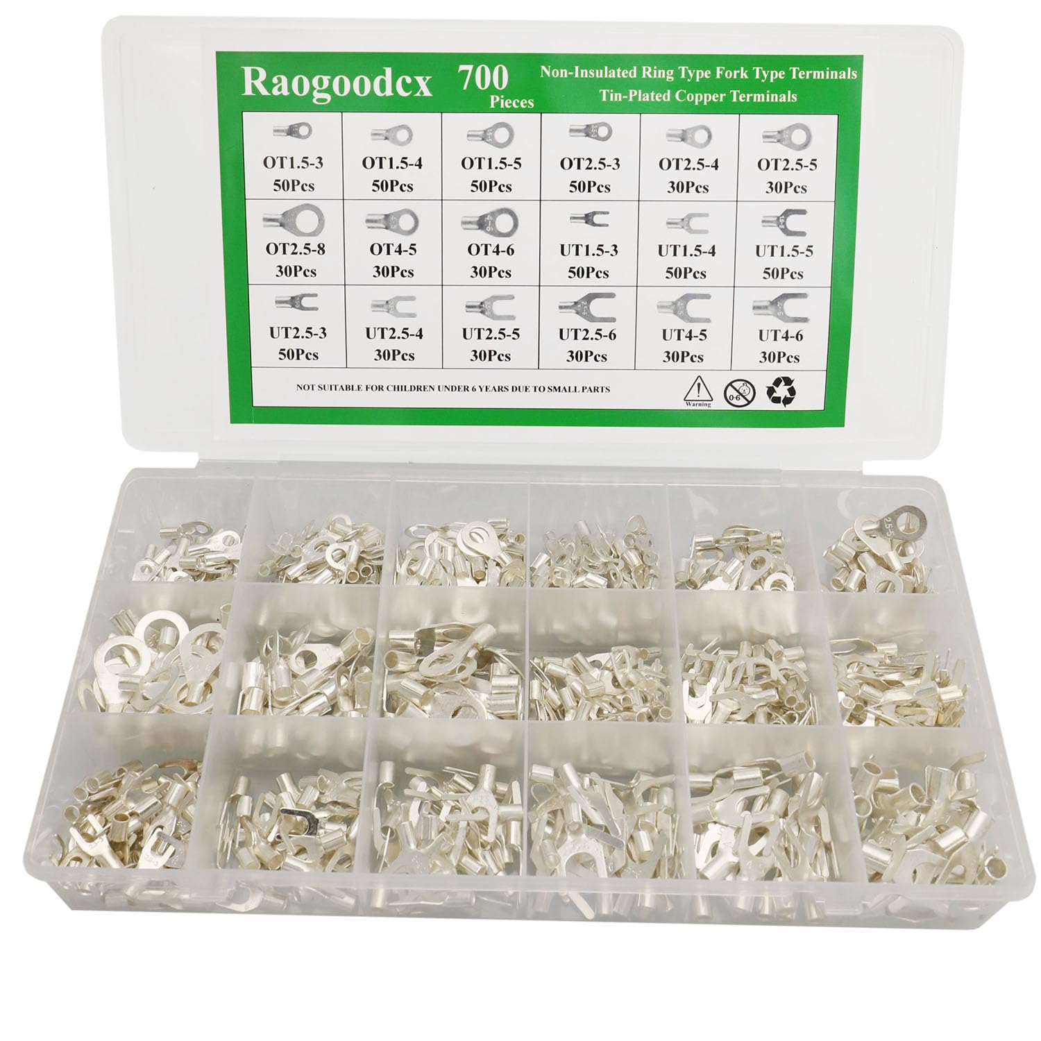 700Pcs 18 in 1 Wire Crimp Connectors Non-Insulated Ring Fork U-Type Terminals 22-10 AWG Tin-Plated Copper Terminals Assortment Kit