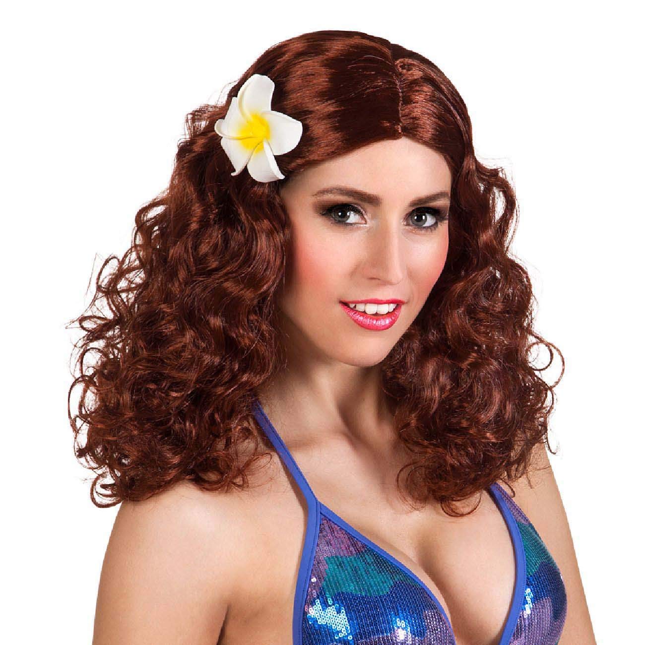 Boland 85802 Leilani Wig with Flower, Brown, Medium Length, Curly Synthetic Hair, for Adults, for Women, Accessory, Costume Accessories, Hippie, Hawaii, Flower Girl, Theme Party, Carnival