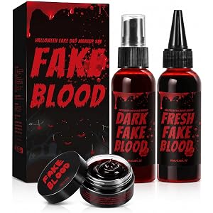 Halloween Fake Blood Kit, 3PCS Realistic Washable Blood Makeup with Spray, Dripping Blood & Coagulated Gel Blood for Zombie V