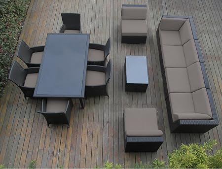 Amazon Com Ohana 14 Piece Outdoor Patio Furniture Sofa And Dining Set Black Wicker With Sunbrella Taupe Cushions Free Patio Cover Garden Outdoor
