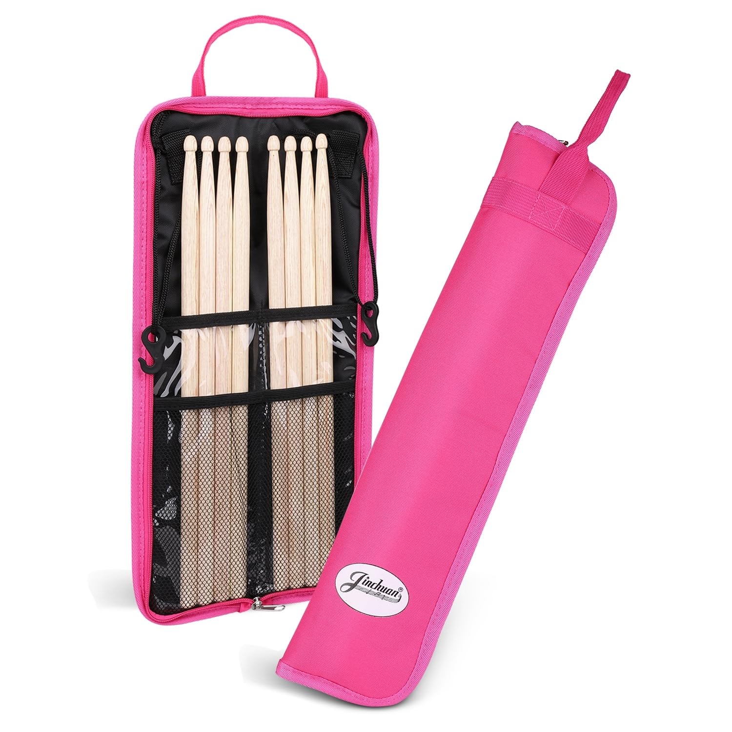 Flexzion Drum Stick Bag - Percussion Music Accessories Case with Hook, Card Holder, Adjustable Shoulder Strap & Carrying Handle - 4 Pairs Kid Drum Sticks Holder - Water-Resistant Fabric, Hot Pink