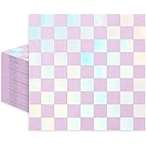 JarThenaAMCS 50Pcs Disco Napkins Purple Iridescent Checkered Cocktail Napkin Gingham Disposable Napkins Holographic Foil Paper Beverage Napkin for Last Disco Music Birthday Eras Party Decor