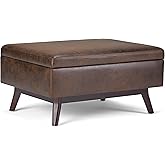 SIMPLIHOME Owen Coffee Table Storage Ottoman - 34 inch Wide Upholstered Vegan Leather Rectangular Lift-Top Ottoman in Distres
