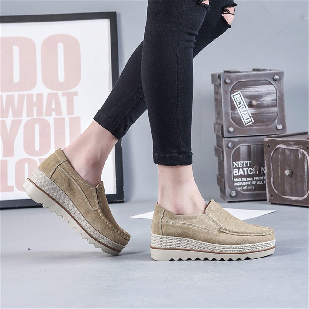 Ruiatoo Platform Shoes for Women Suede Slip On Loafers Wedge Platform Sneakers Comfort Moccasins Low Top Casual Shoes Khaki 38