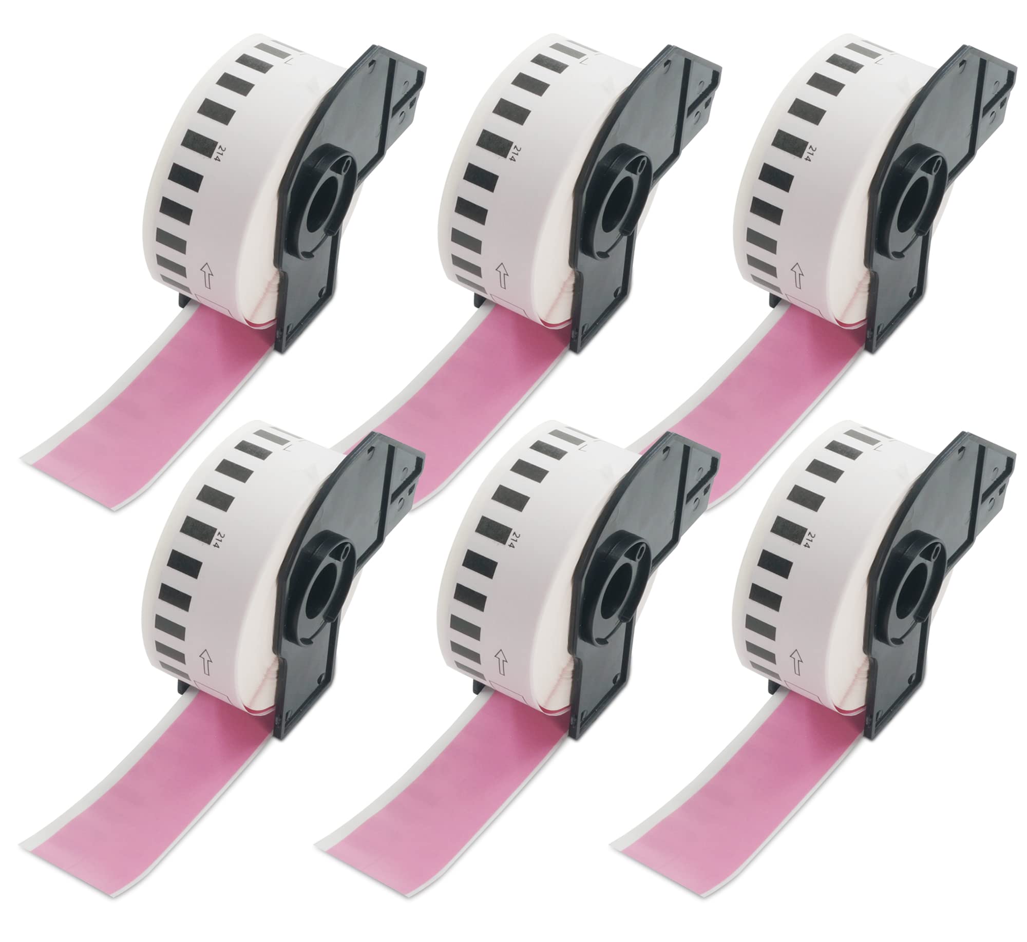 BETCKEY - 6 Rolls DK-22214 Colored Labels, 12mm x 30.48m, Black on Pink, 6 Continuous Length Paper Labels Using for QL Label Printers