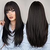 PARK YUN Long Black Straight Wigs for Women 24 inch Glueless Realistic Synthetic Wig with Bangs Heat Resistant Natural Layered Wig for Girls Daily Party Cosplay