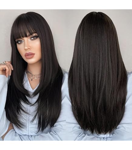 Synthetic Straight Wig with Bangs Mid-Length Layered Chic Style Adjustable Cap Amazon.com : SWACC Long Layered Straight Wig with Bangs  main image 4