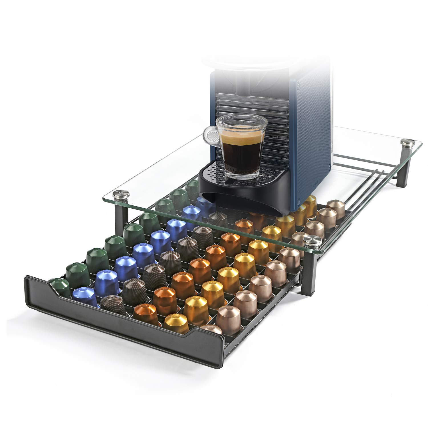 HiveNets Coffee Capsule Storage for Cafe Pod Support Drawer with Crystal Tempered Glass for 60 Pcs