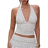 Milumia Women Polka Dots Halter Crop Top Y2k V Neck Open Back Ruched Going Out Tank Tops Clubbing Outfits