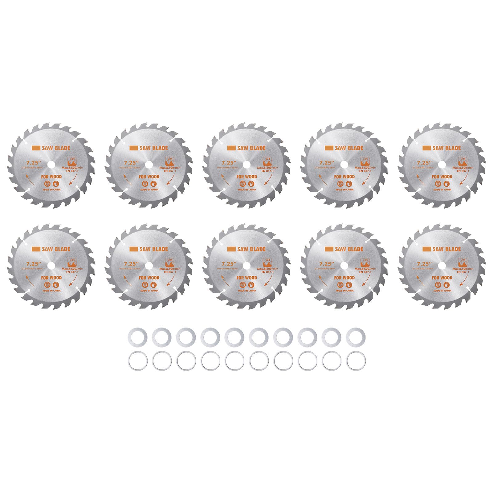 Kozelo 10pcs Circular Saw Blade - [7-1/4-inch x 24 Teeth x 5/8-inch Arbor] Circular Cutting Blade with 5/8" to 3/8" Washer Adapter for Woodworking Plastic Use, 0.063-inch Kerf,8000RPM