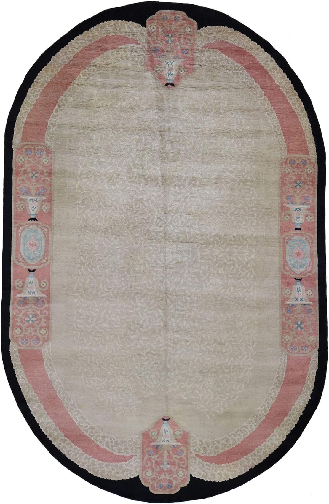 Shahbanu Rugs Antique Chinese Oval Exc Condition Rose Border Hand-Knotted Oriental Rug(8'7"x13'2")