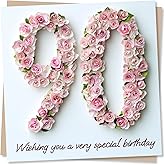 Nokular 90th Birthday Greeting Card – Pink Rose Floral Number Design – Blank Inside (135 x 135 mm) – Made in UK – With Envelope