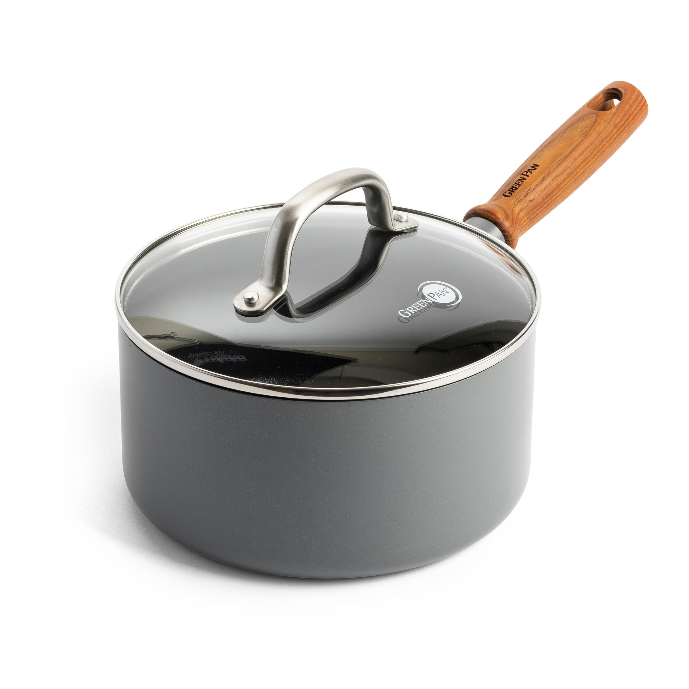 Greenpan Mayflower Pro Hard Anodized Healthy Ceramic Nonstick 18 cm Saucepan with Glass Lid, Vintage Wood Handle, PFAS-Free, Induction Suitable, Charcoal Gray