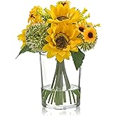 WELL KNOWN Yellow Silk Sunflower Arrangements Bouquet with Vase, Sunflower Artificial Flowers in Glass Vase for Housewarming Decoration Home Decor Office Dining Table Centerpieces