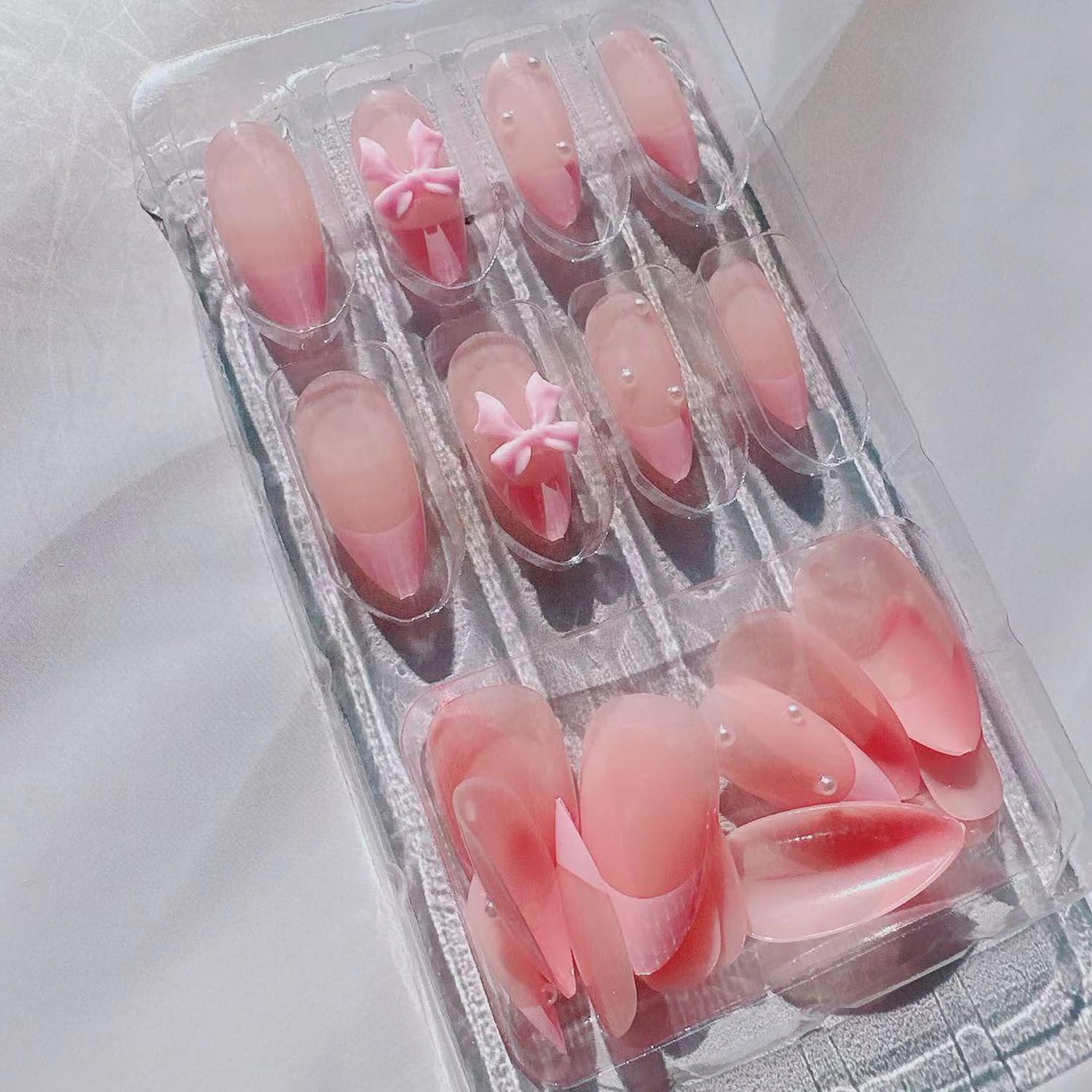 24Pcs French Press on Nails Almond Fake Nails with Bow Pearl Design Pink French Tip False Nails Cute Pink Press on French Nail Tips Glossy Artificial Nails Acrylic Stick on Nails for Women Manicure - Image 7