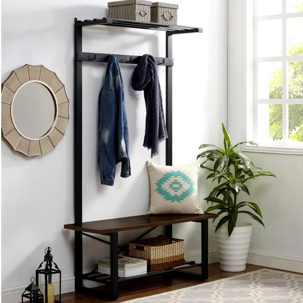 Entry Bench Hall Tree, Walnut Minimalist Corner Entryway with Storage