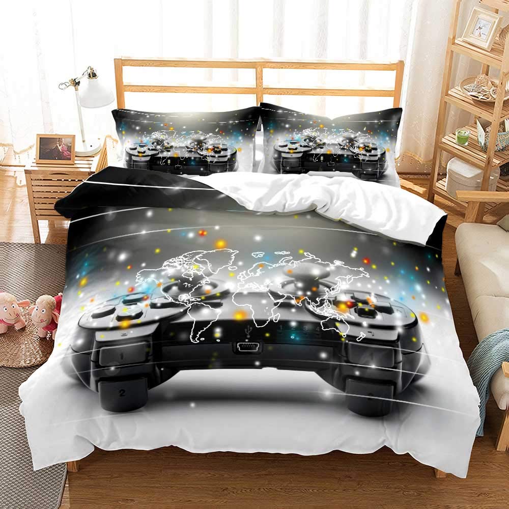 Boy Teens Youth Black Gamer Duvet Cover with Zipper Microfiber Dorm Decoration, 3D Video Game Game Controller Bedding Set Quilt Cover with Matching Pillowcase (White, Single 135x200cm)