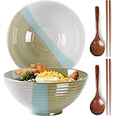 NUTRIUPS Set of 2 Ceramic Ramen Bowls with Spoons & Chopsticks, 40oz Large Soup Bowls for Udon, Miso, Noodles (Tri-Color Modern)