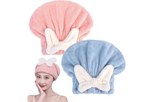 YUMINGUHC 2Pcs Ultra Absorbent Hair Quick Drying Towel for Women Girls New Microfiber Hair Towel Wrap Dry Turban Soft Bow Tie Plopping Head Towels Shower Cap for Kids (Pink+Blue)