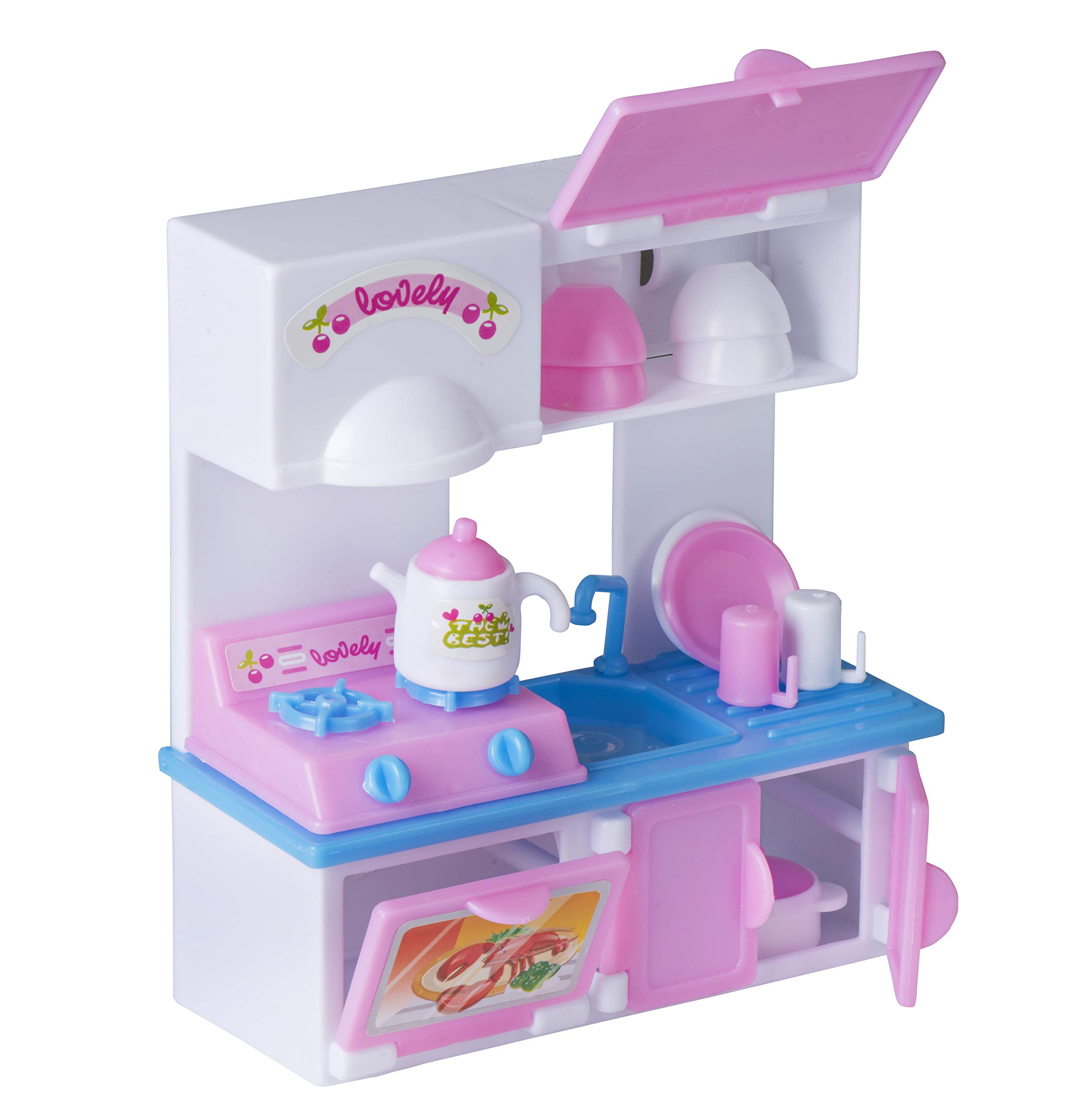 Playkidz Mini Doll Kitchen Playset: Pretend Play Mini Doll with Super Durable Kitchen Accessories for Children's Doll house or just Fun Play (Pink Kitchen)