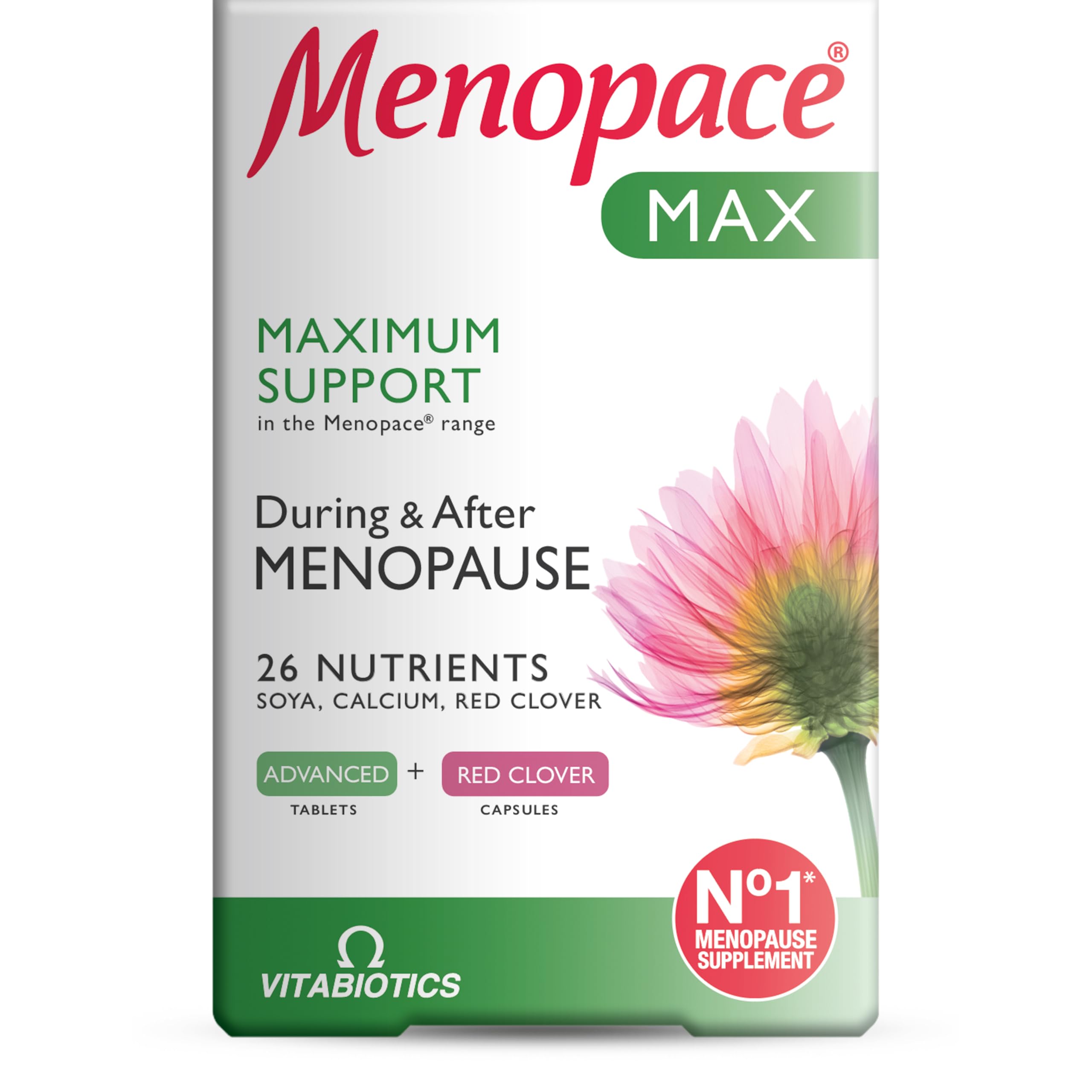 Menopace Max - Menopause & Perimenopause Maximum Support with Calcium, SOYA Isoflavones & Red Clover - UK's No.1 Menopause Supplement Brand