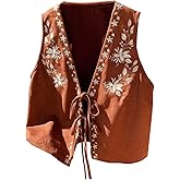 GORGLITTER Women's Western Suede Vest Boho Floral Embroidered Tops Tie Front Cowgirl Redeo Cardigan Nashville Outfits Brown Large