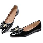 congliji Black Women's Leather Flats Pointed Toe Dress Shoes Bow Soft Ballet Flats Slip on Flats for Women Comfort Size 6.5-7