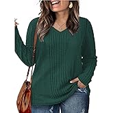 ROSRISS Plus-Size-Long-Sleeve-Tops for women Dressy V Neck Shirts Casual Ribbed Knit Tees Lightweight Tunic Sweaters