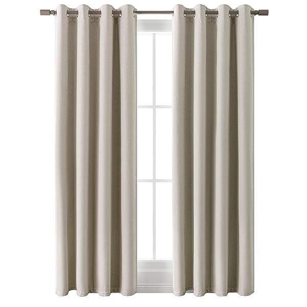 LCOOMZEN 100% BLACKOUT NATURAL LINEN CURTAINS 84 INCH LENGTH 2 PANELS SET FOR BEDROOM, NOISE REDUCING THERMAL INSULATED LIGHTWEIGHT COMPLETELY BLACKOUT GROMMET DRAPES, NATURAL, W52 X L84, 2 PANELS