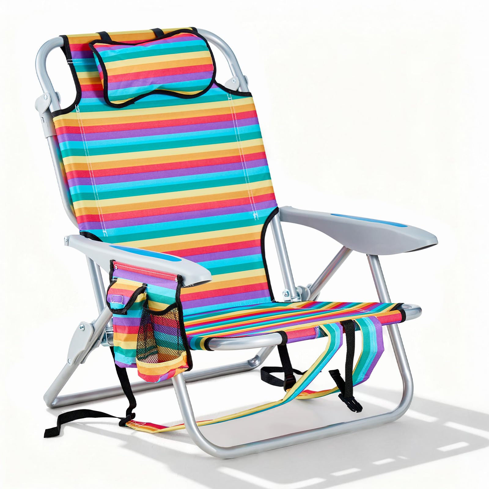 Canpsky Portable Beach Chair for Adults, Outdoor Camping Chair Lay Flat Folding Backpack Beach Reclining Chair with 5 Positions, Headrest, Cup Holder, Heavy Rainbow Striped Image