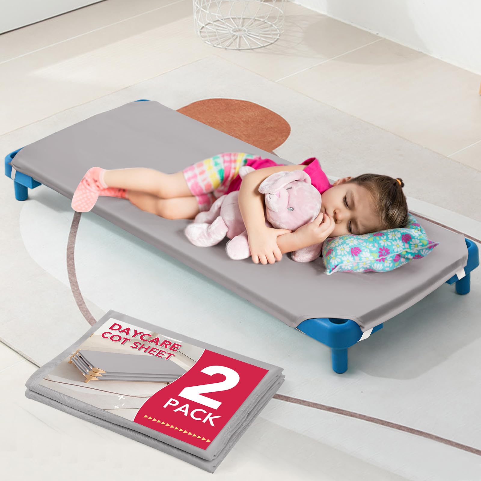 Photo 1 of 2 Pcs Cot Size Shees for Daycare, 23" X 51", Gray Daycare Cot Fitted Sheets with Corner Elastic Loops for Child Boys Girls, Breathable Microfiber