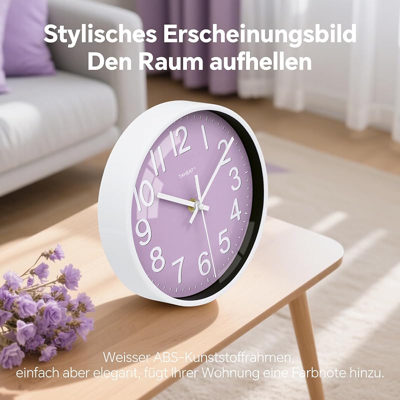 Lila Wanduhr, 20cm kleine geräuscharme batteriebetriebene, Moderne Uhren dekorative für Küche, Wohnzimmer, Schlafzimmer, Badezimmer, Büro — Foto 3 von 7