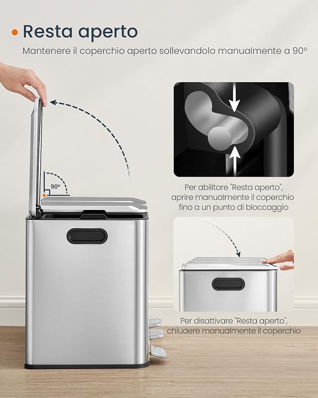 Cestino da Cucina Tripla, Pattumiera per Raccolta Differenziata 3 x 15 L con Pedali Colorati, Raccolta Differenziata, Coperchio e Secchi Interni, Acciaio, Argento Metallizzato