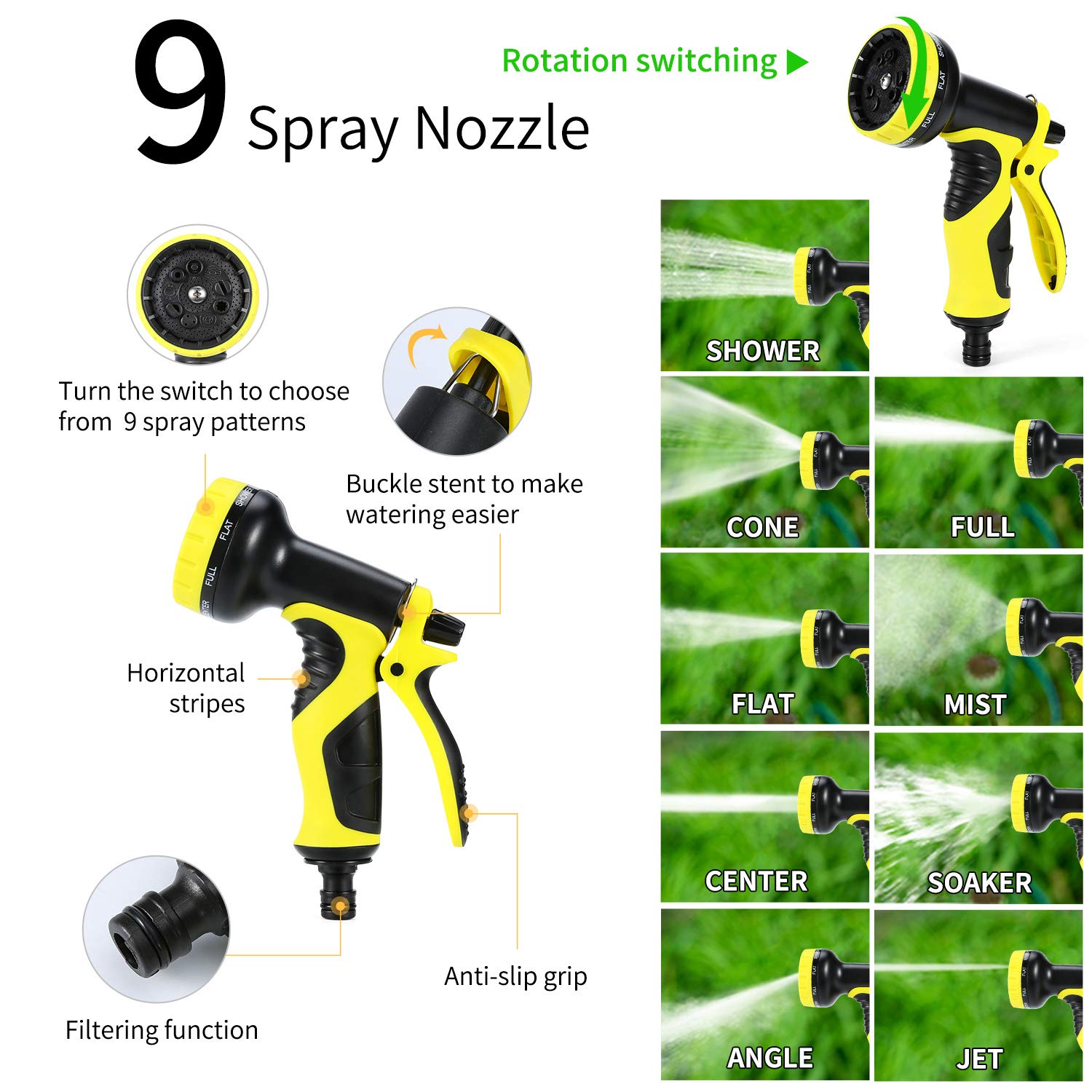 Pimpimsky Garden Hose, Hose Flexible 15M Extended Water Hose with Stainless Steel Spray Gun Brass Adapter 9 Styles Shower 100ML Solution Can Save Space Easy for Gardening Car Wash (15M/50FT)