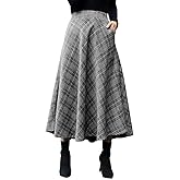 IDEALSANXUN Womens Plaid Wool Skirts Elastic Waist A-Line Pleated Tartan Long Skirts