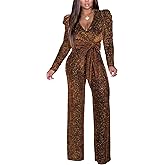 Women's Sparkly Jumpsuits Sexy Long Sleeve Cocktail Elegant Mock Neck Bodycon Straight Long Pants Rompers with Pockets