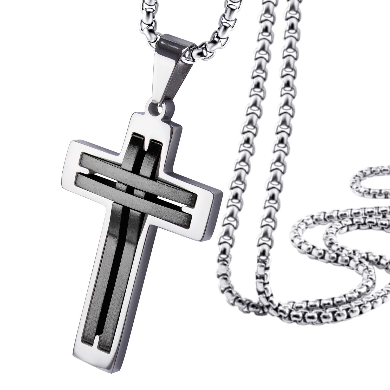 555Jewelry Stainless Steel Cross Necklace for Men, Grooved Half Dome Shape Matte Cross & Polished Border Religious Crucifix Cross Pendant for Men & Women, Silver/Black, 22 Inches Box Chain