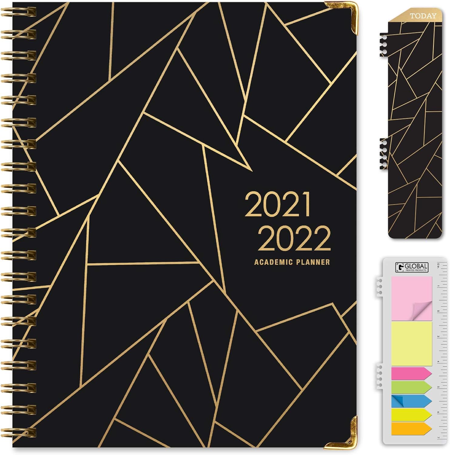 HARDCOVER Academic Year 2021-2022 Planner: (June 2021 Through July 2022) 8.5"x11" Daily Weekly Monthly Planner Yearly Agenda. Bookmark, Pocket Folder and Sticky Note Set (Black Gold Triangles) : Office Products