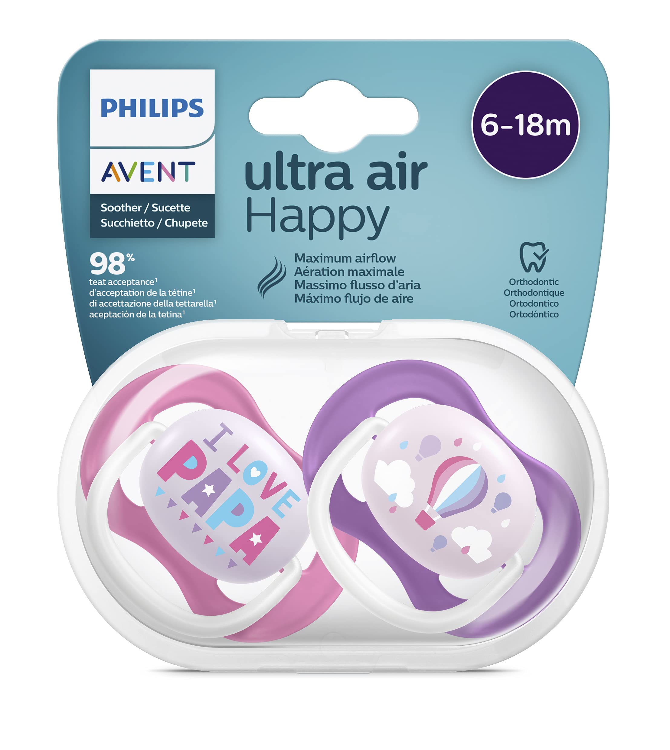 Philips Avent Ultra Air Pacifier, for 6-18m, Orthodontic & BPA-Free, 2 pcs, Including Sterilizer/Carrying Case, SCF080/04 Raspberry Pink and Purple