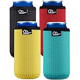 WK IEASON 12oz Slim Can Sleeves Insulators Tall Can Kooize Neoprene Slim Can Covers 12OZ Beer Bottle Sleeves Coolers Non-slip Neoprene Can Coolier Sleeves 4PC Pack (12OZ slim, Black/Red/Yellow/Blue)