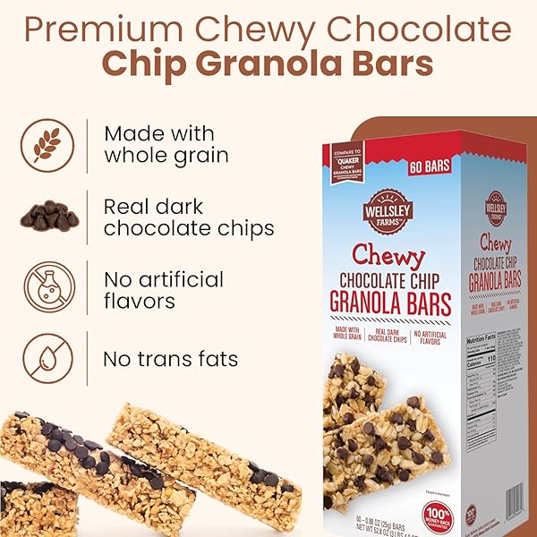 WELLSLEY FARMS CHEWY CHOCOLATE CHIP GRANOLA BARS – NO HIGH-FRUCTOSE CORN SYRUP – VEGETARIAN – WHOLE GRAIN GRANOLA BARS – 110 CALORIES PER BAR – PERFECT FOR SNACKS & LUNCHBOXES, 60 COUNT (PACK OF 1)