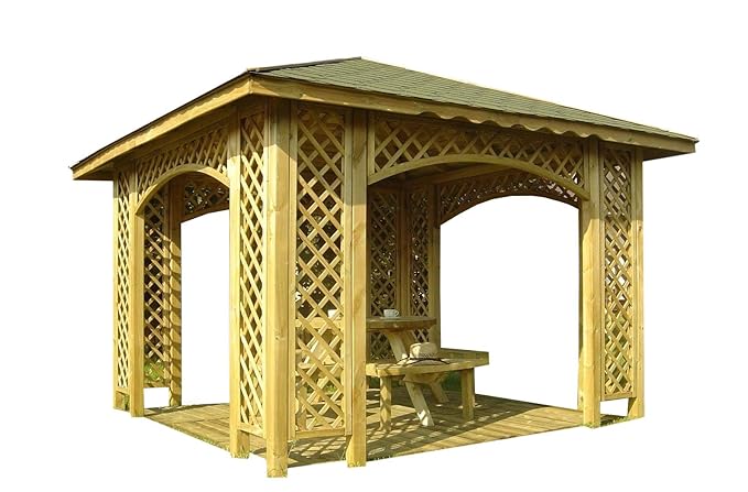 Stan-Wood 3m x 3m (Außenmaß 3,5m) HOLZPAVILLON MIT HOLZDACH, PAVILLON MIT RANKGITTER