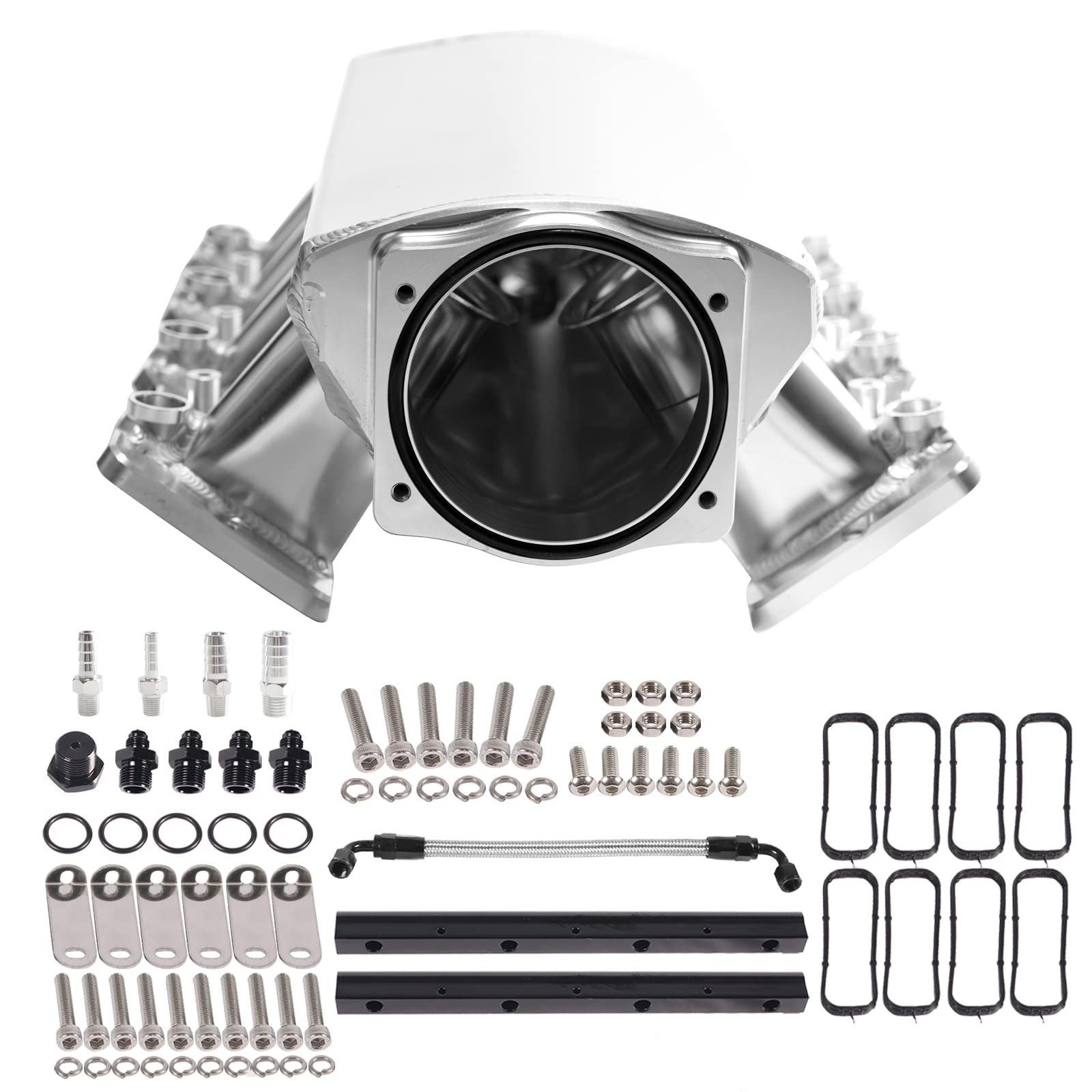 Photo 1 of YIUIY For LS Intake Manifold Low Profile Cathedral Port 92mm Compatible with Chevy GMC Pontiac LS1 LS2 LS6 Sheet Metal Fabricated EFI (Silver)