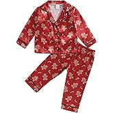 Fsadfeas Kids Girls Boys Christmas Pajamas Santa Claus Cookie Satin Silk 2 Piece Pajama Set Short/Long Sleeve Sleepwear (Gingerbread Red, 12-18 Months)