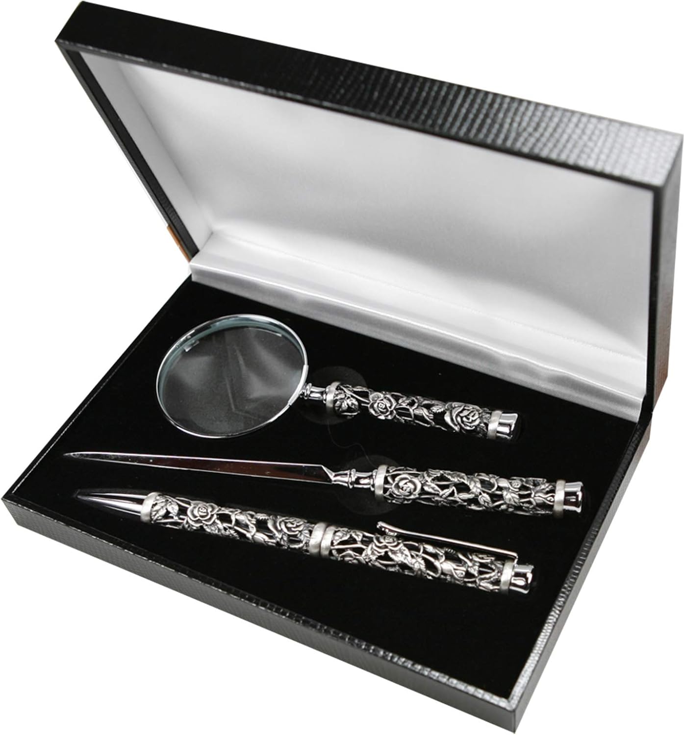 Carmani - Set of desk accessories with 3D metal Rose pattern, Silber