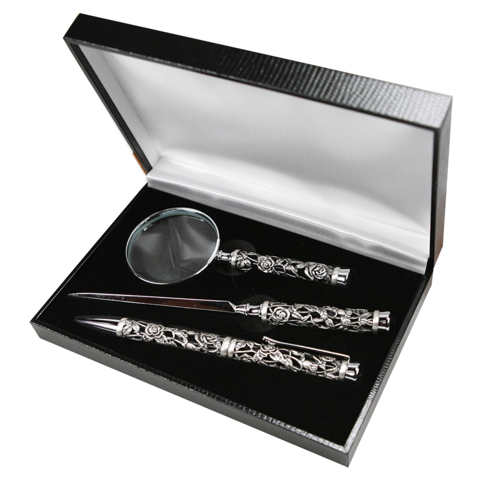 Carmani - Set of desk accessories with 3D metal Rose pattern