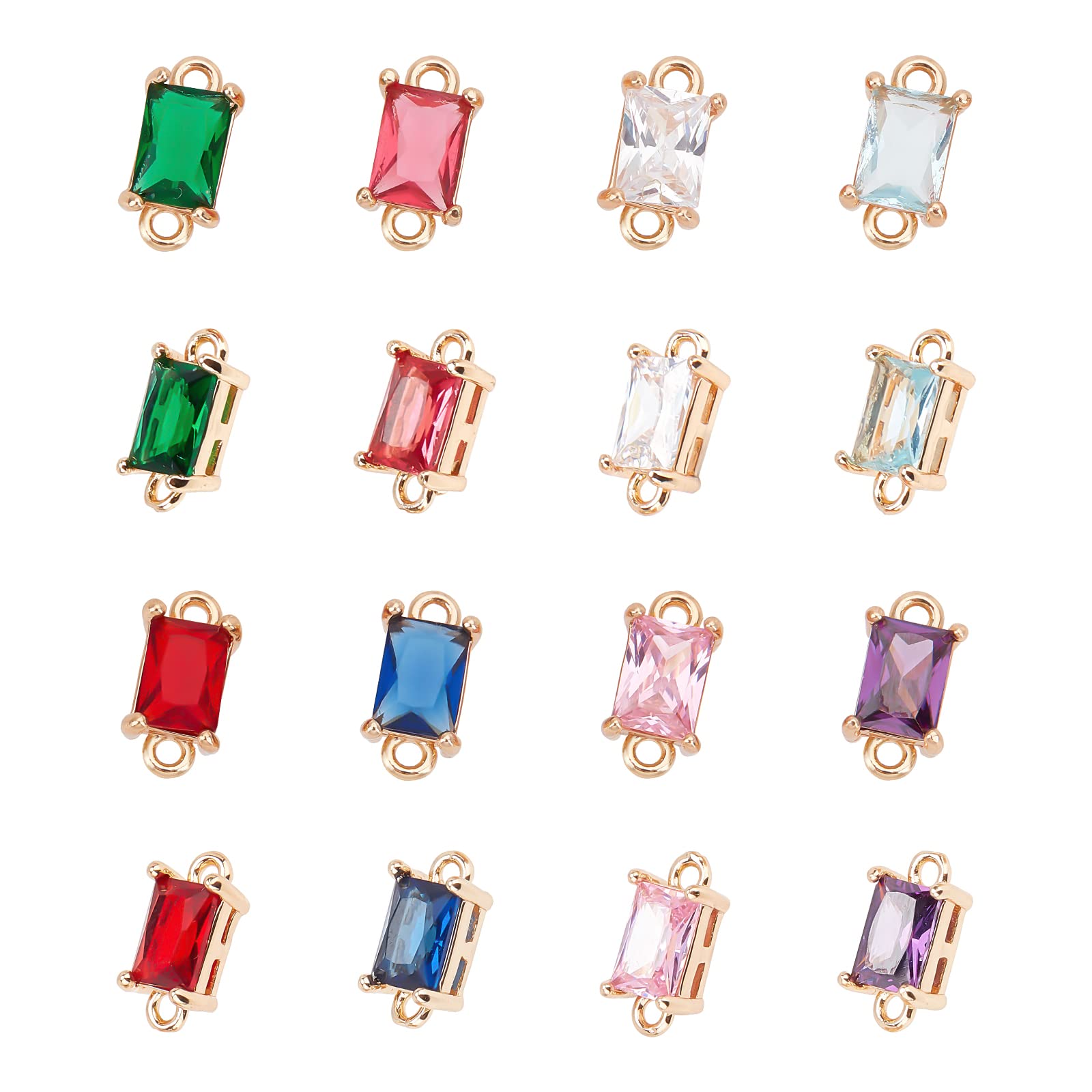 arricraft 16 Pcs Glass Links Connectors, 8 Colours Rectangle Crystal Glass Connectors Rhinestone Faceted Pendants with Brass Frame for Jewellery Crafting