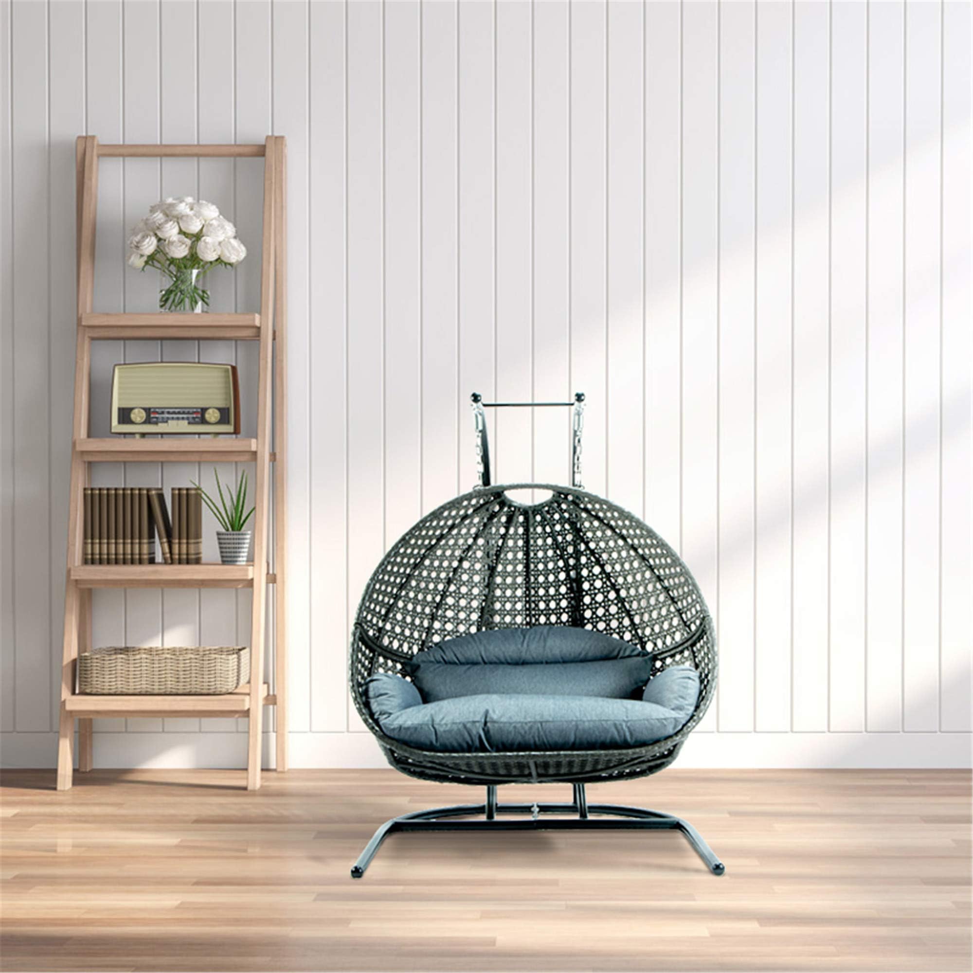 2 Person Round Shape Egg Hanging Chair Patio Swings with Seat Cushion & Headrest Pillow & U Stand for Indoor, Outdoor Bedroom, Patio,Garden, Aluminum Frame